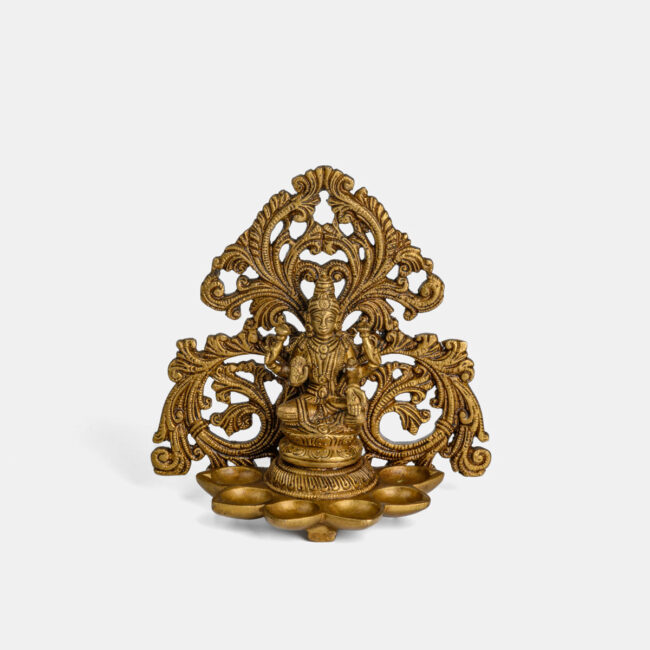 Brass Laxmi - With Carved Pardi & 6 Diyas In Front, Wall Hanging / Table Piece - Image 2