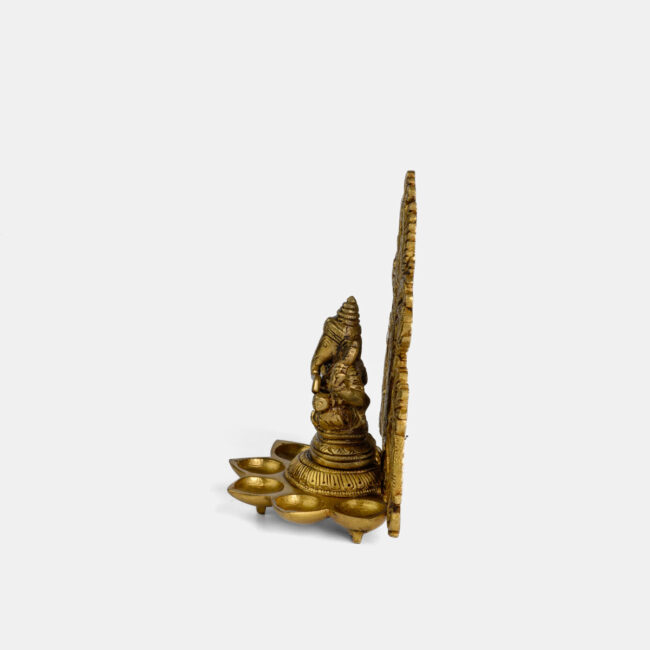 Brass Ganesha - With Carved Pardi & 5 Diyas In Front; Wall / Table Piece - Image 4