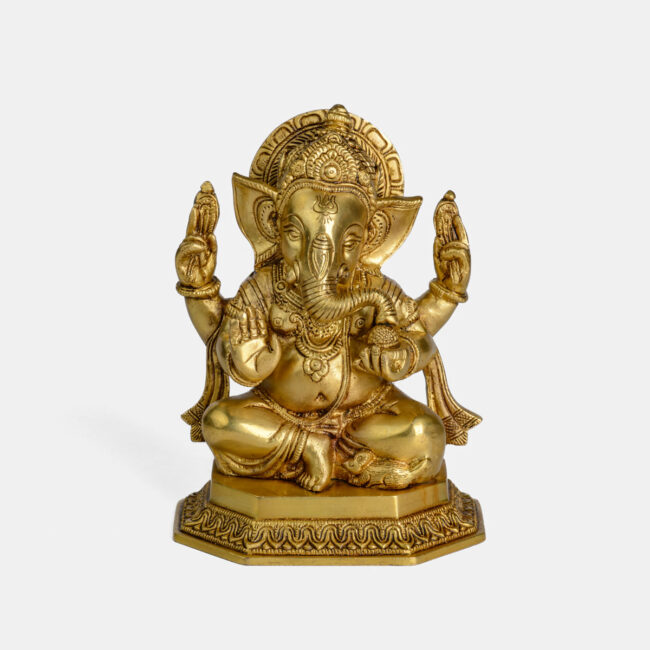Brass Appu Ganesha - With Mukut (Crown), Seated On Octagonal Base - Image 2