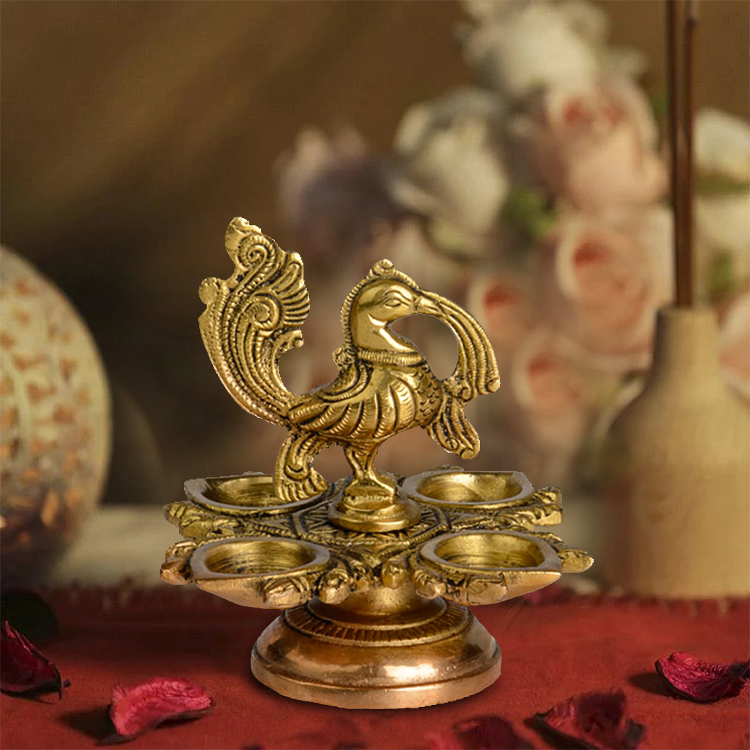 Brass Peacock Lamp – With 4 Diyas
