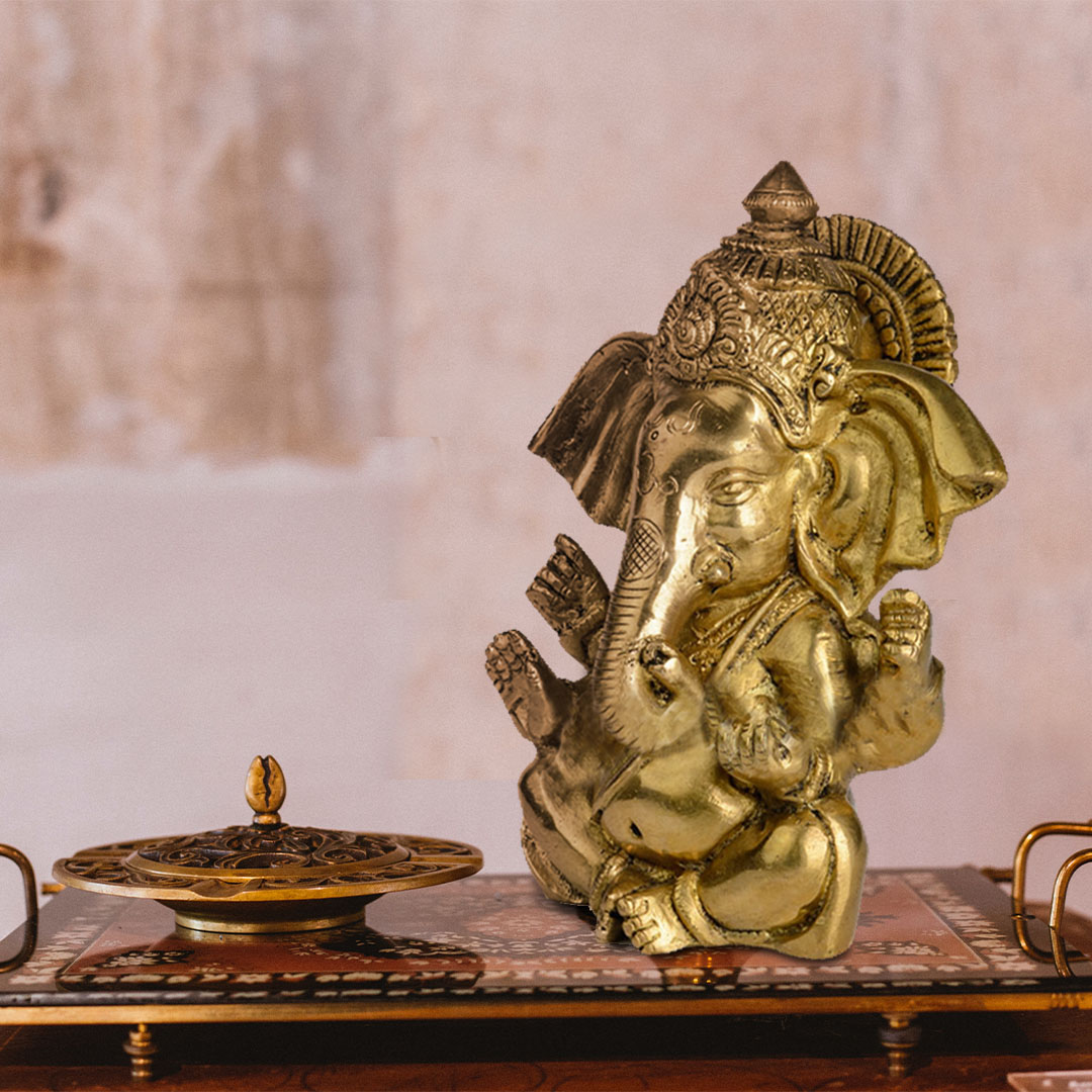 Brass Ganesha – Modern Form, With Mukut (Crown)