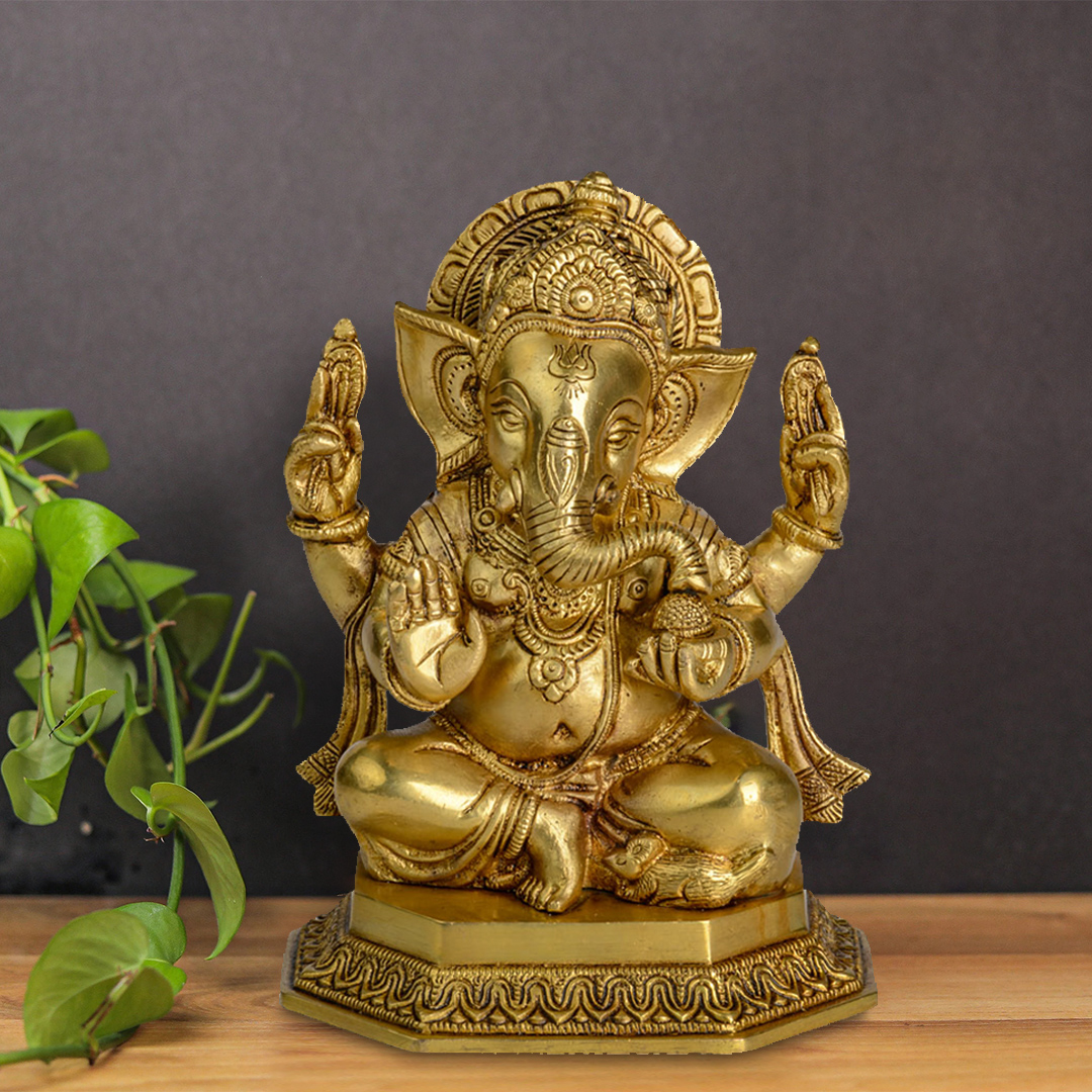 Brass Appu Ganesha – With Mukut (Crown), Seated On Octagonal Base