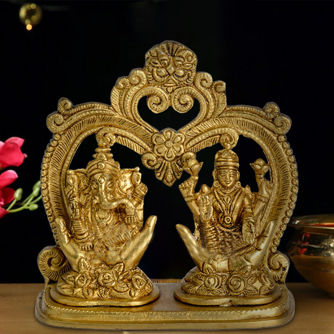 Brass Ganesha & Laxmi – Seated On Palms, With Carved Base & Arch