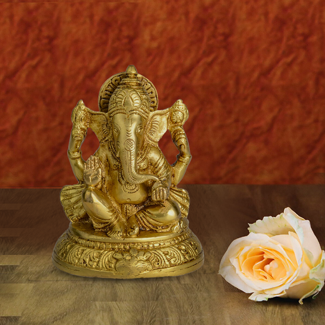 Brass Ganesha – Seated On Yalli Carved Base