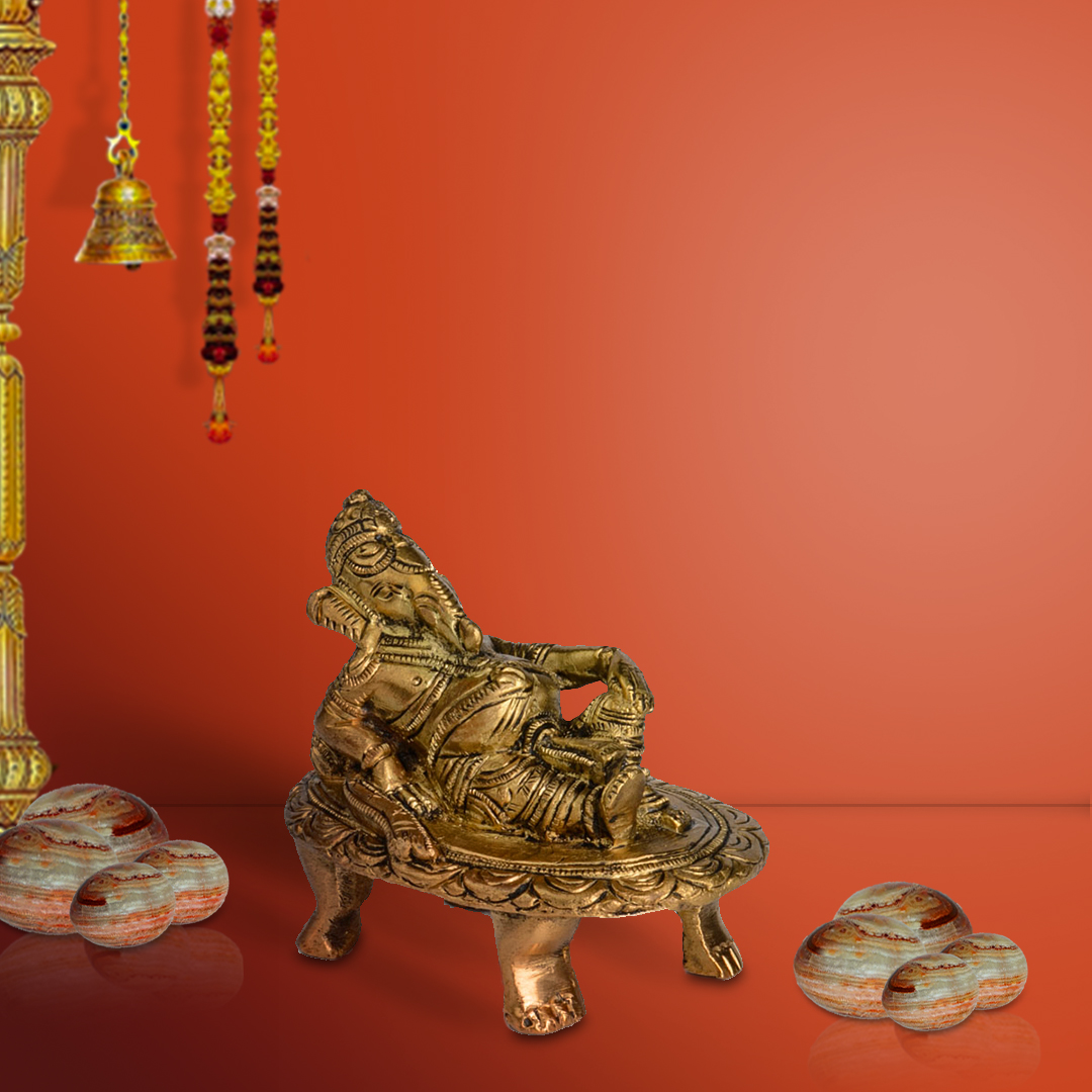 Brass Ganesha – Relaxing On Oval, Carved Chowki