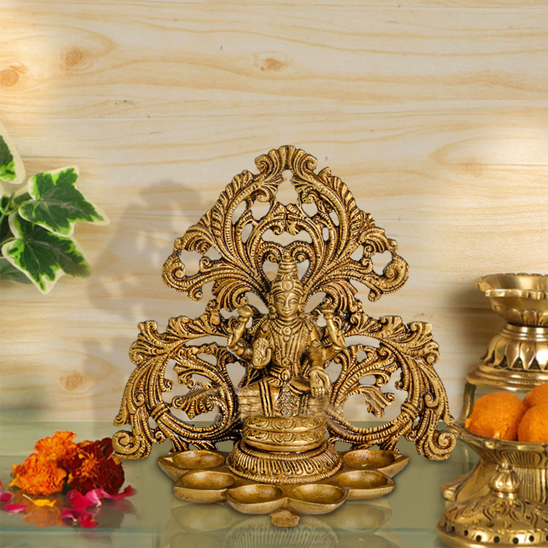 Brass Laxmi – With Carved Pardi & 6 Diyas In Front, Wall Hanging / Table Piece