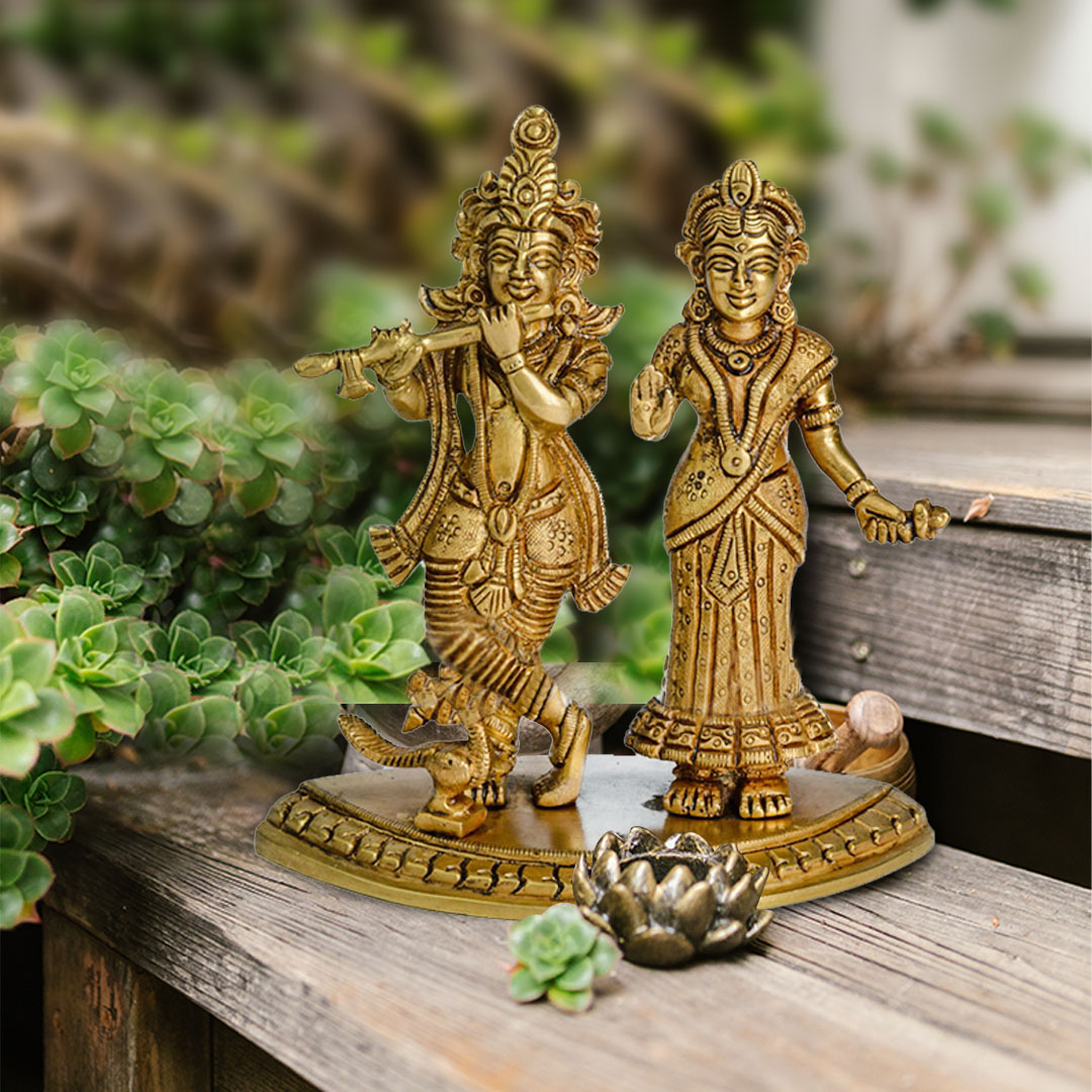 Brass Radha Krishna – Standing With Peacock On Lotus Carved Base