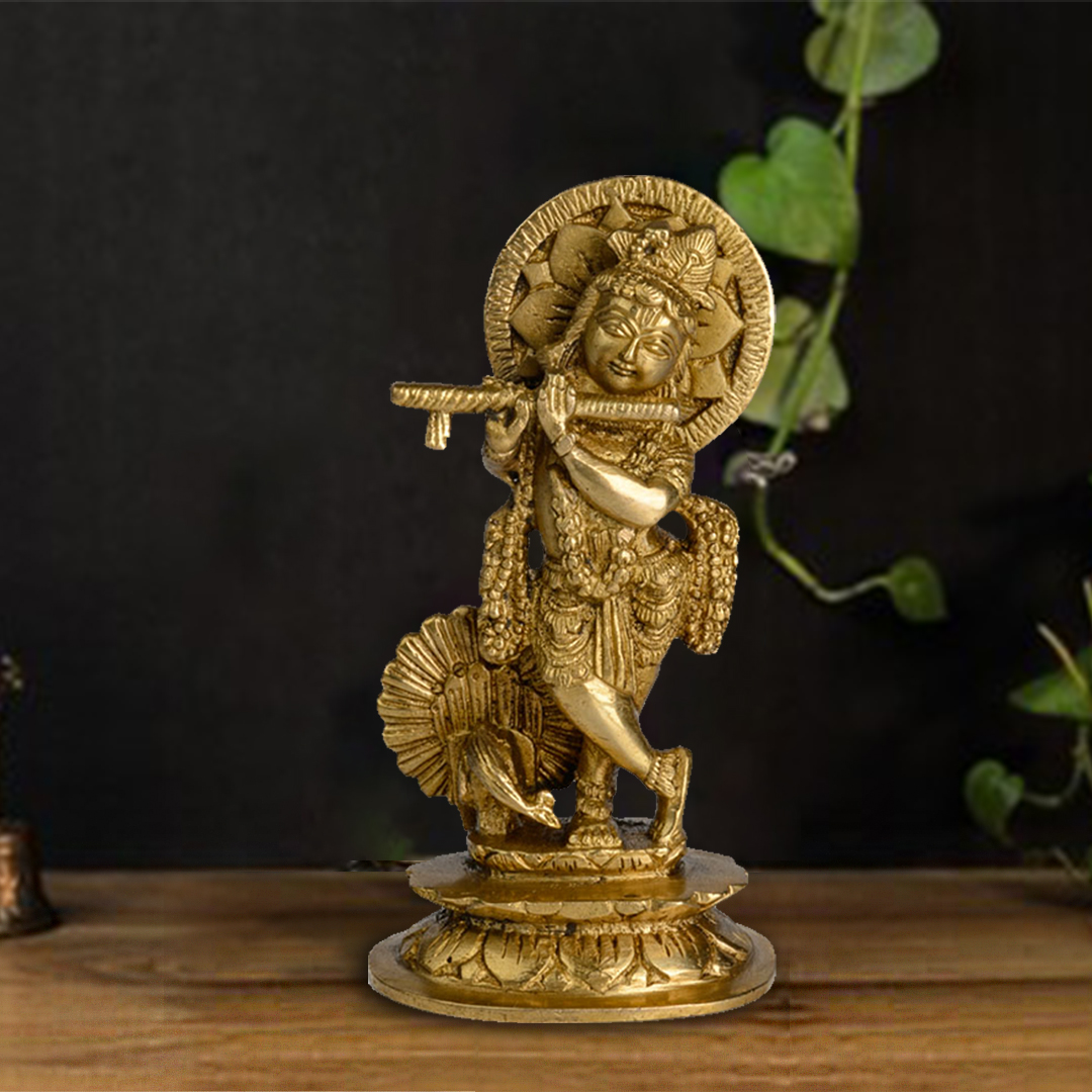 Brass Krishna – Dancing With Peacock On Lotus Base