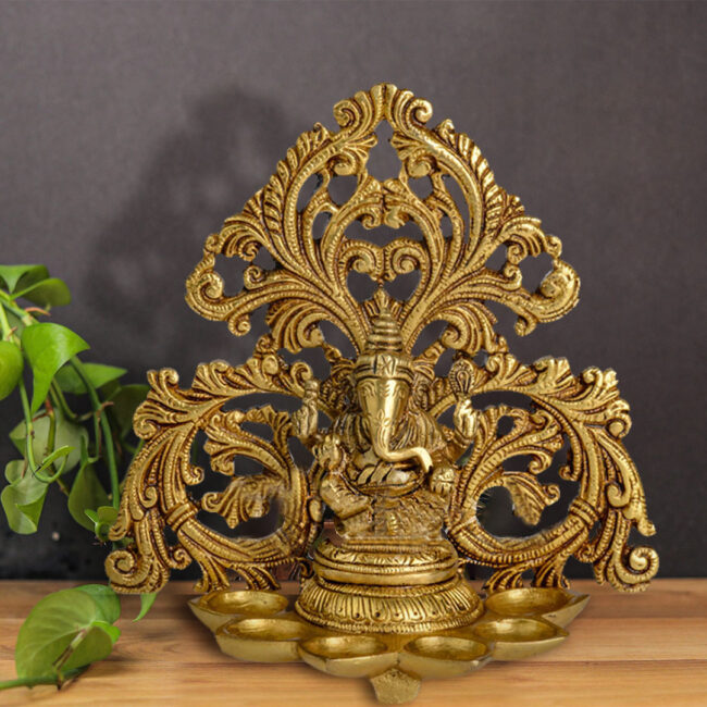 BRASS GANESHA - WITH CARVED PARDI & 5 DIYAS IN FRONT; WALL / TABLE PIECE