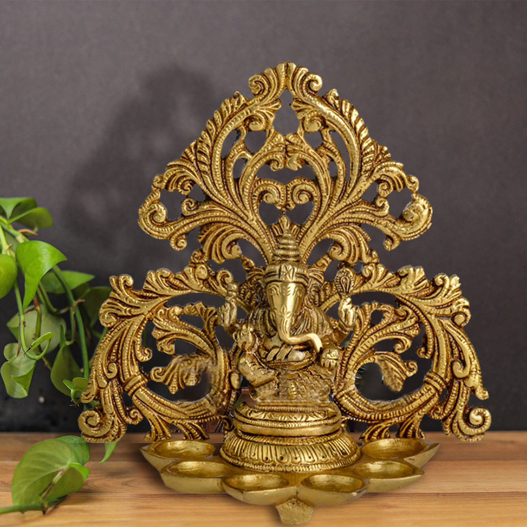 Brass Ganesha – With Carved Pardi & 5 Diyas In Front; Wall / Table Piece