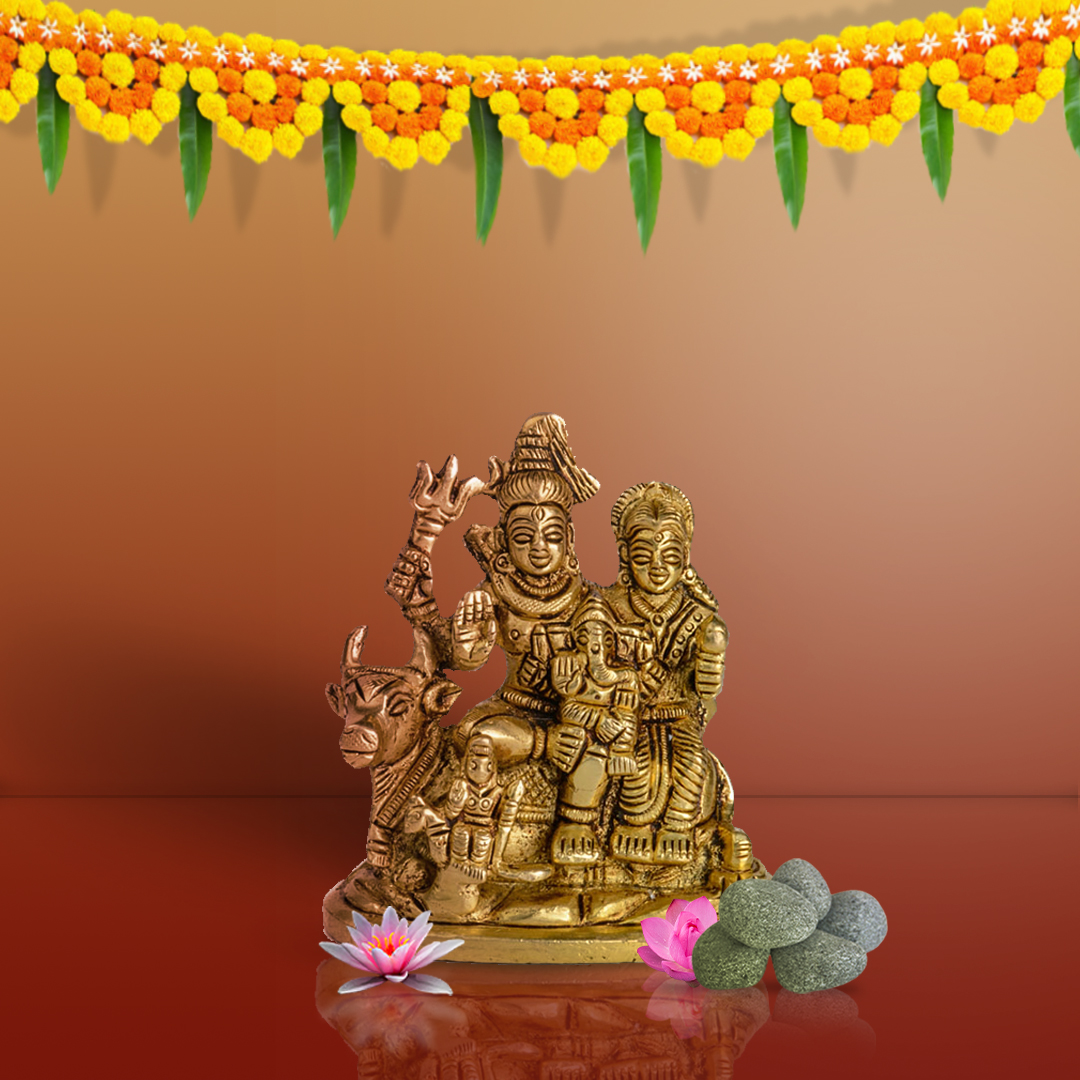Brass Shiva Family – With Parvati, Ganesh, Kartik & Shivling On Nandi