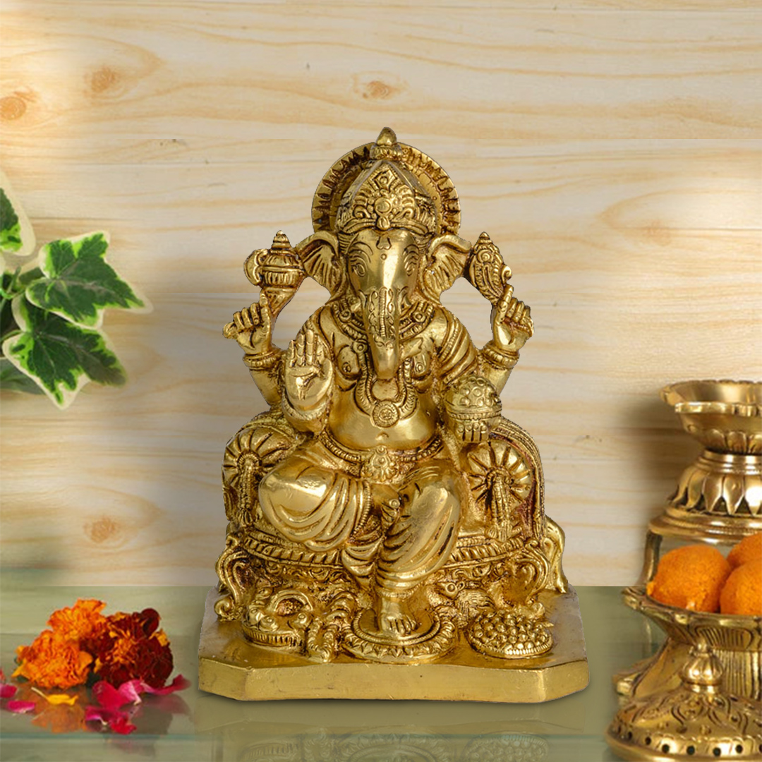Brass Ganesha – Seated On Throne With Sweets Platter In Front