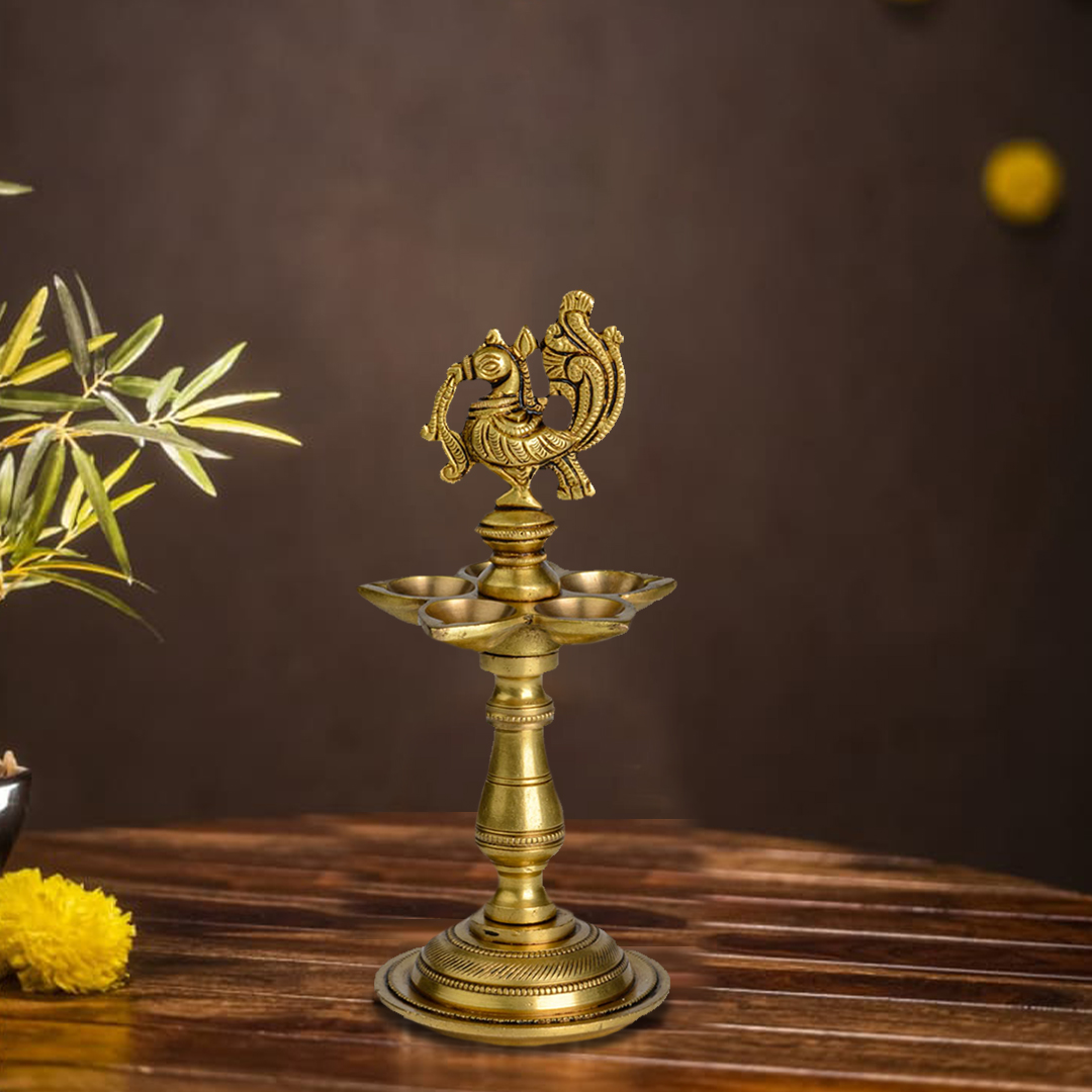 Brass Peacock Lamp – With 5 Diyas