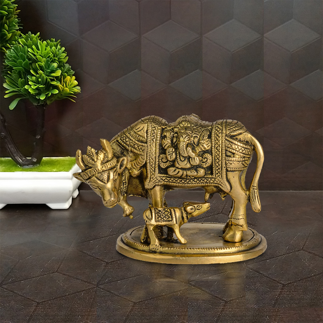 Brass Cow & Calf – Ganesha & Laxmi Carved On Cow