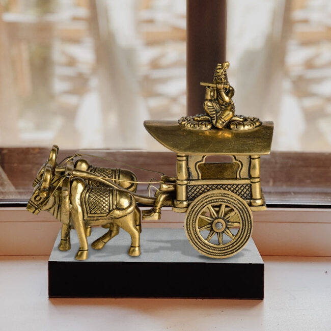 BRASS BULLOCK CART - WITH KRISHNA SEATED ON TOP OF CART