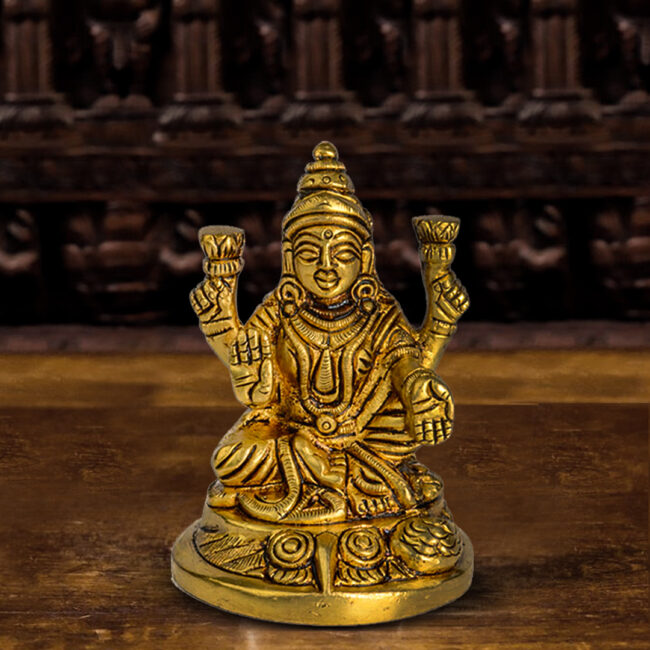 BRASS LAXMI - SEATED WITH OWL, ON ROUND BASE