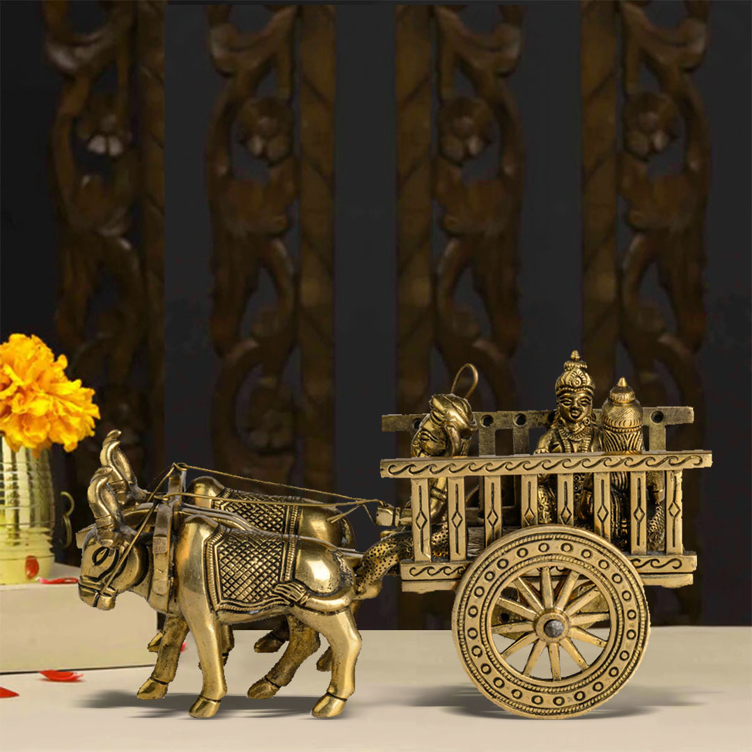 Brass Bullock Cart – Ganesha Seated With Riddhi & Siddhi