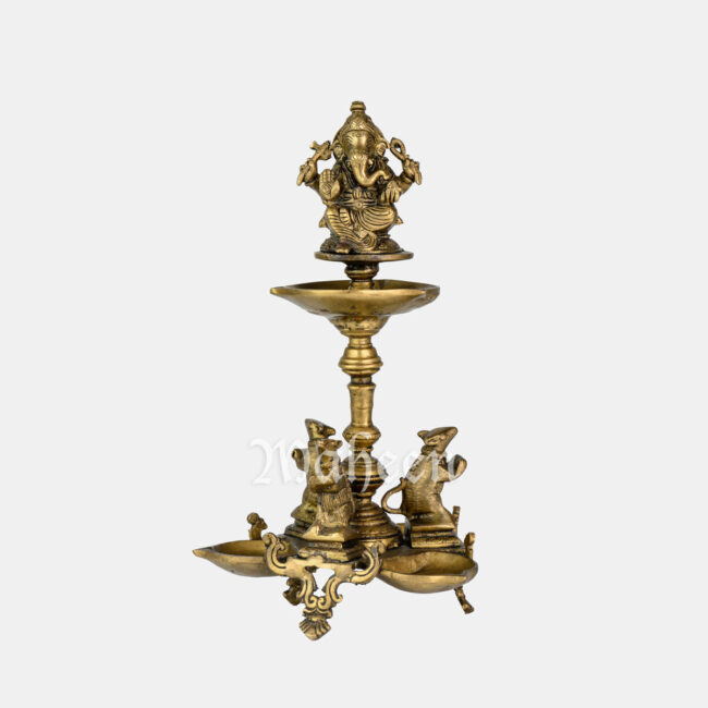 Brass Ganesha Lamp - With 3 Mice On Base