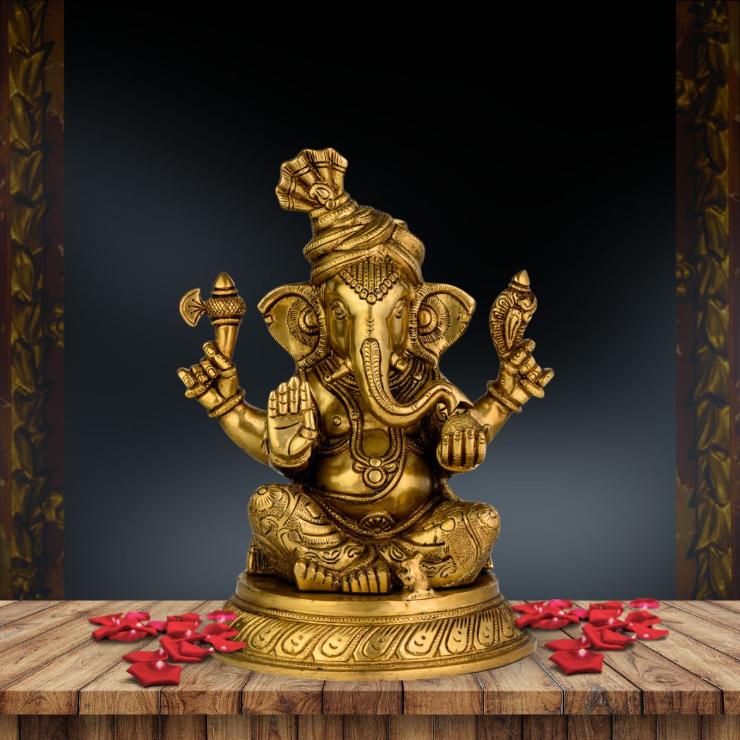 Brass Ganesha – Wearing Turban, Seated On Round Base