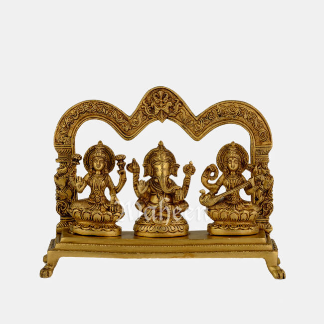 Brass Ganesha, Laxmi & Saraswati - Seated On Rectangle Base, With Yalli Carved Arch