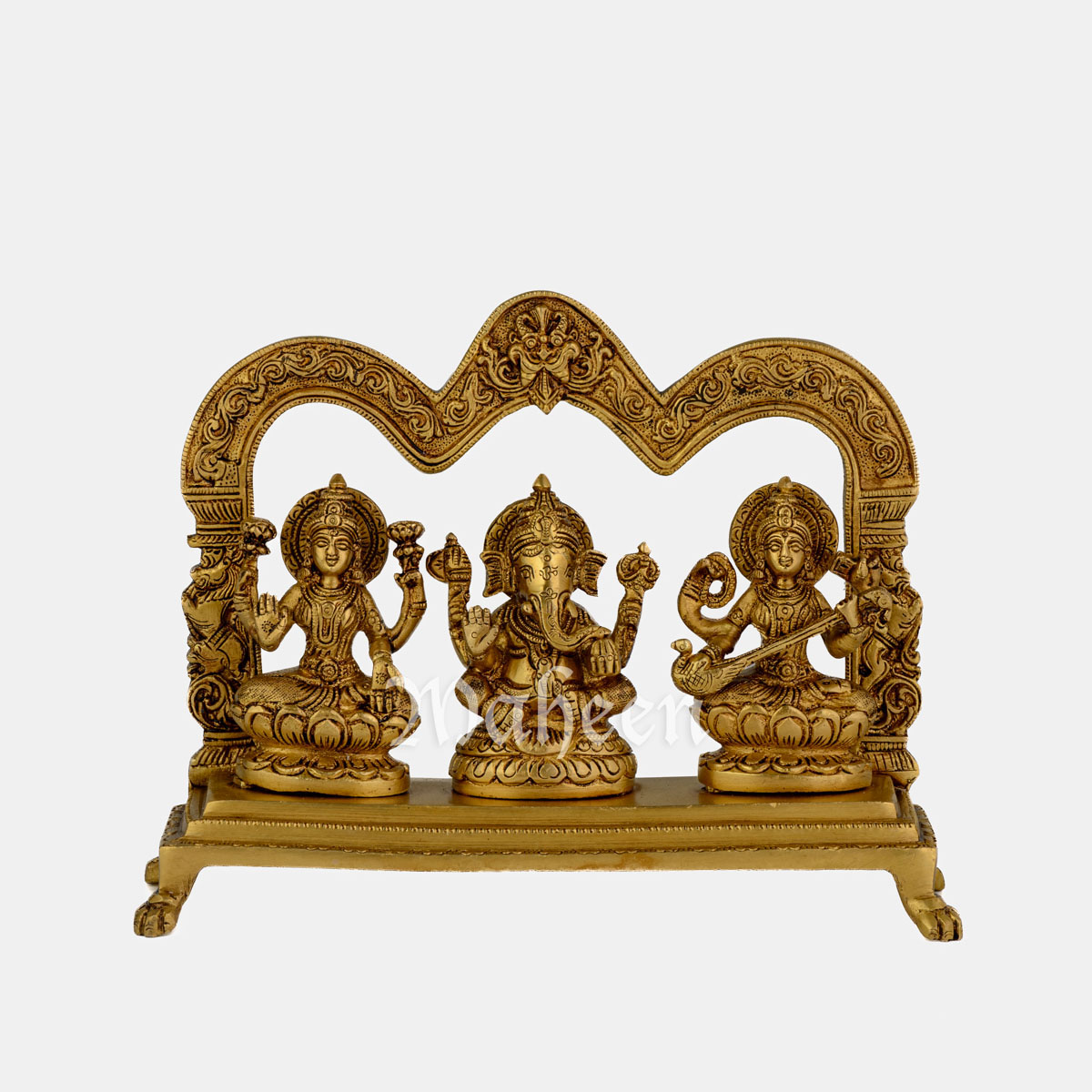 Brass Ganesha, Laxmi & Saraswati – Seated On Rectangle Base, With Yalli Carved Arch