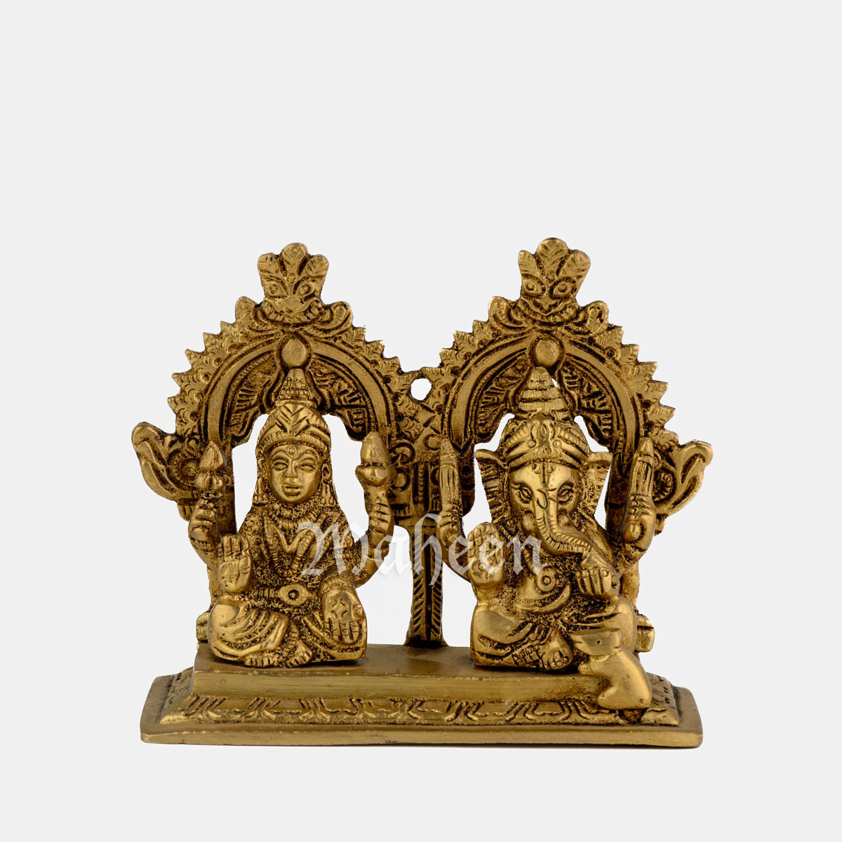 Brass Ganesha & Laxmi – Seated On Rectangle Base, With Yalli Arch