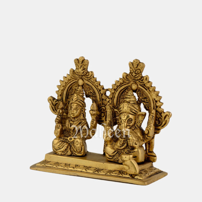 Brass Ganesha & Laxmi - Seated On Rectangle Base, With Yalli Arch - Image 3