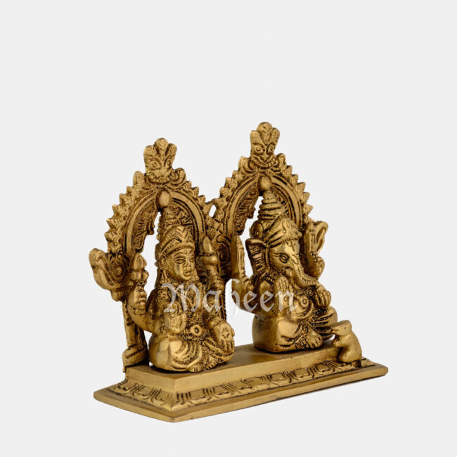 Brass Ganesha & Laxmi - Seated On Rectangle Base, With Yalli Arch - Image 4