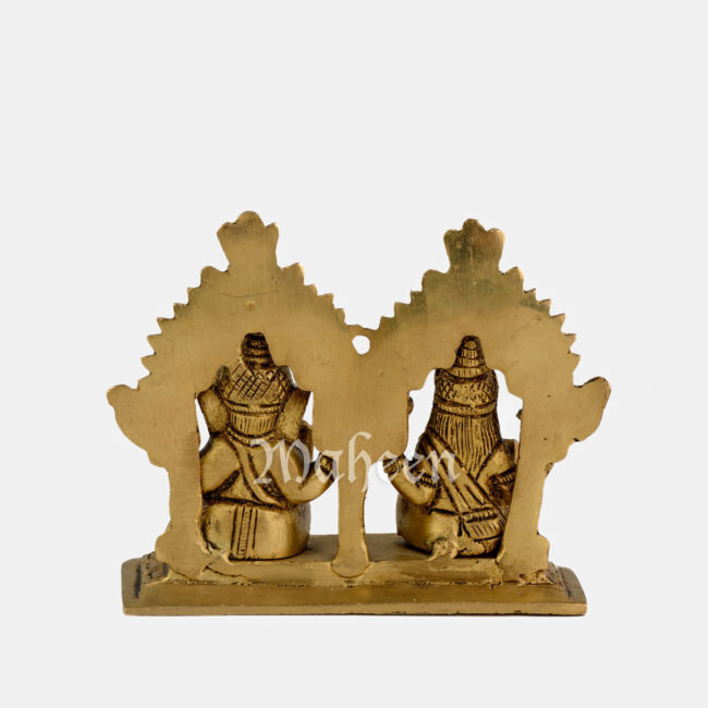 Brass Ganesha & Laxmi - Seated On Rectangle Base, With Yalli Arch - Image 5