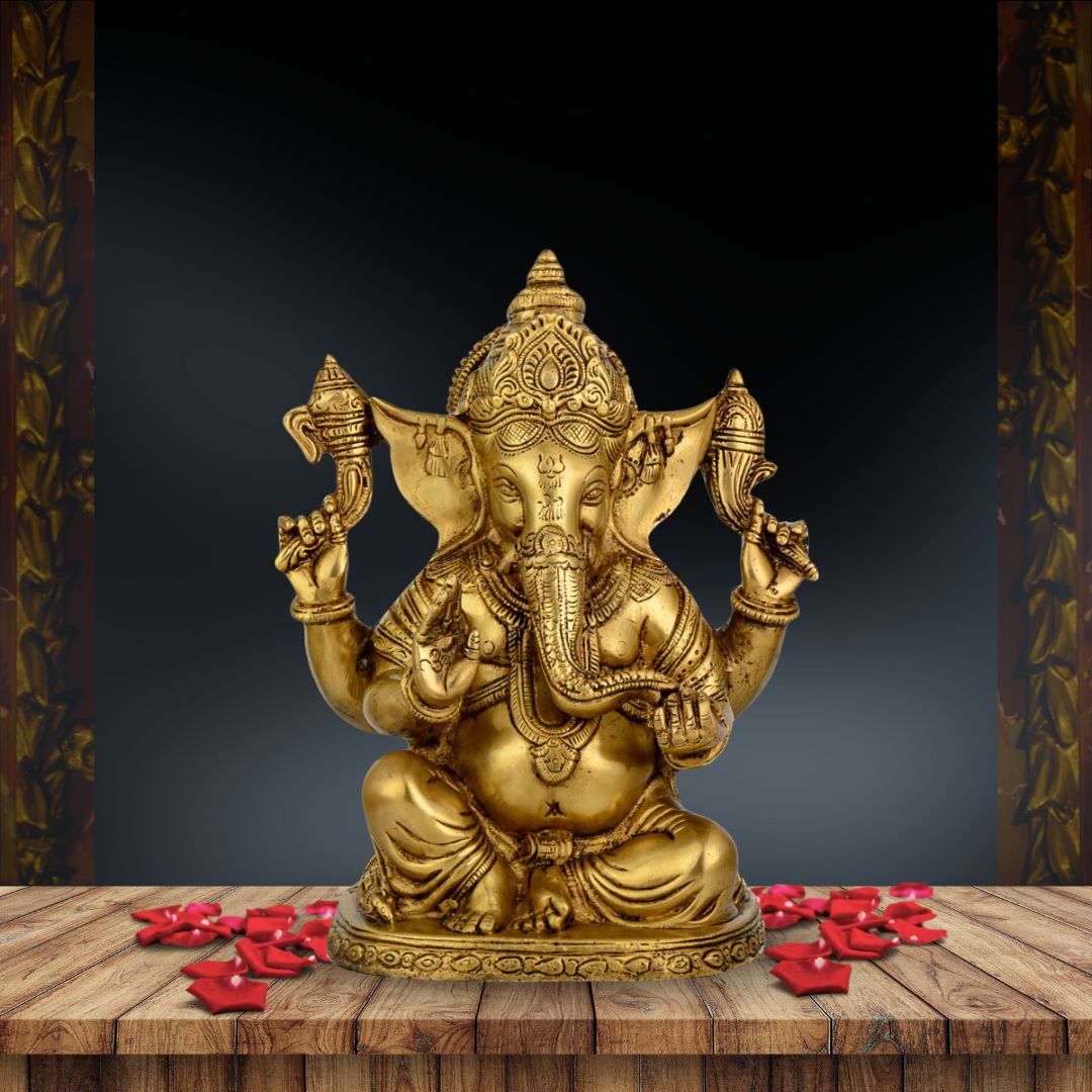 Brass Ganesha – With Big Ears, Seated On Oval Lotus Base