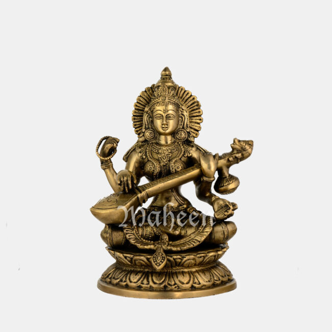 Brass Saraswati - Seated On Lotus Base
