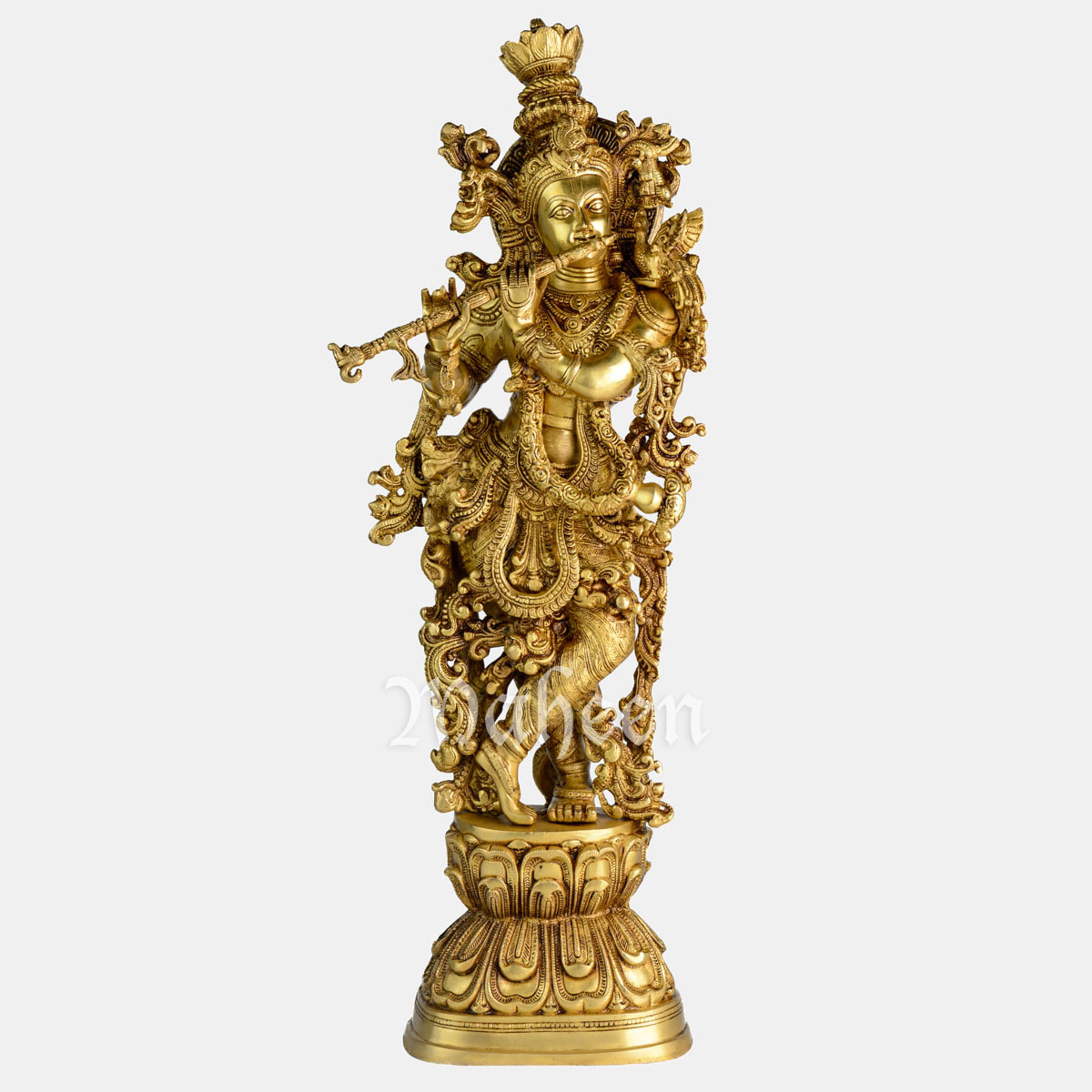 Brass Krishna – Intricate Carved, Dancing On Base