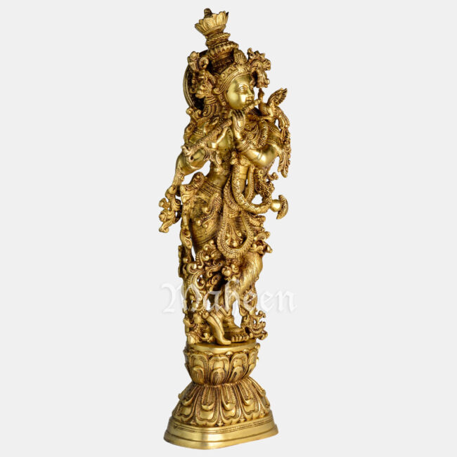 Brass Krishna - Intricate Carved, Dancing On Base - Image 3