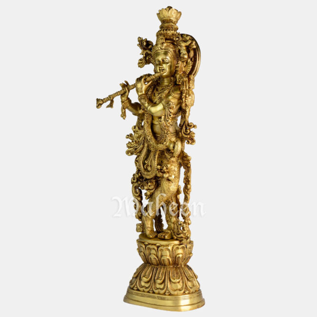 Brass Krishna - Intricate Carved, Dancing On Base - Image 4
